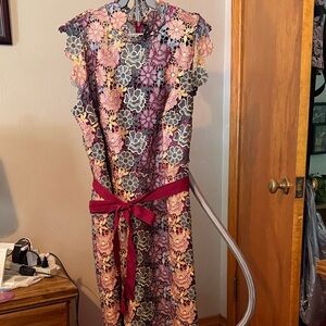 Floral Lace Dress with Burgundy Accents